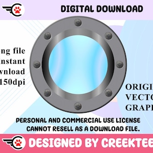 Op de afbeelding: Een digitale downloadafbeelding met een patrijspoortontwerp met een lichtblauw midden en een grijs metalen frame. De afbeelding bevat tekst die aangeeft dat het een .png-bestand, een directe download en een originele vectorafbeelding is.
