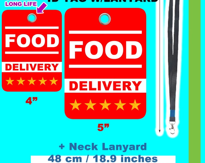 Food Delivery customizable GROMMET tag plus 18" neck lanyard in lightweight waterproof mylar for easy wear and long life in regular or large