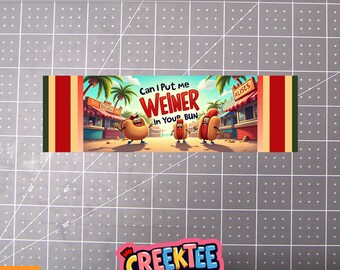 Can I Put Me Weiner In Your Bun Vinyl Bumper Sticker, Window Cling or Bumper Sticker Magnet in UV Laminate Coating