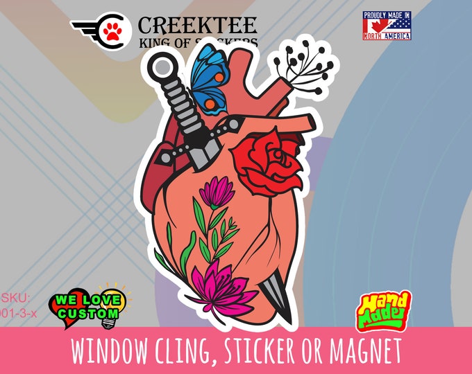 Knife in heart Vinyl sticker , window cling or magnet in various sizes from 3" to 7" with uv laminate protection