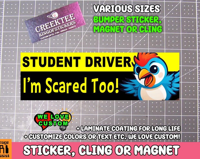 Student Driver I'm Scared Too! Bumper Sticker, Magnet or Window Cling in Various Sizes Choose 10" for Standard Size