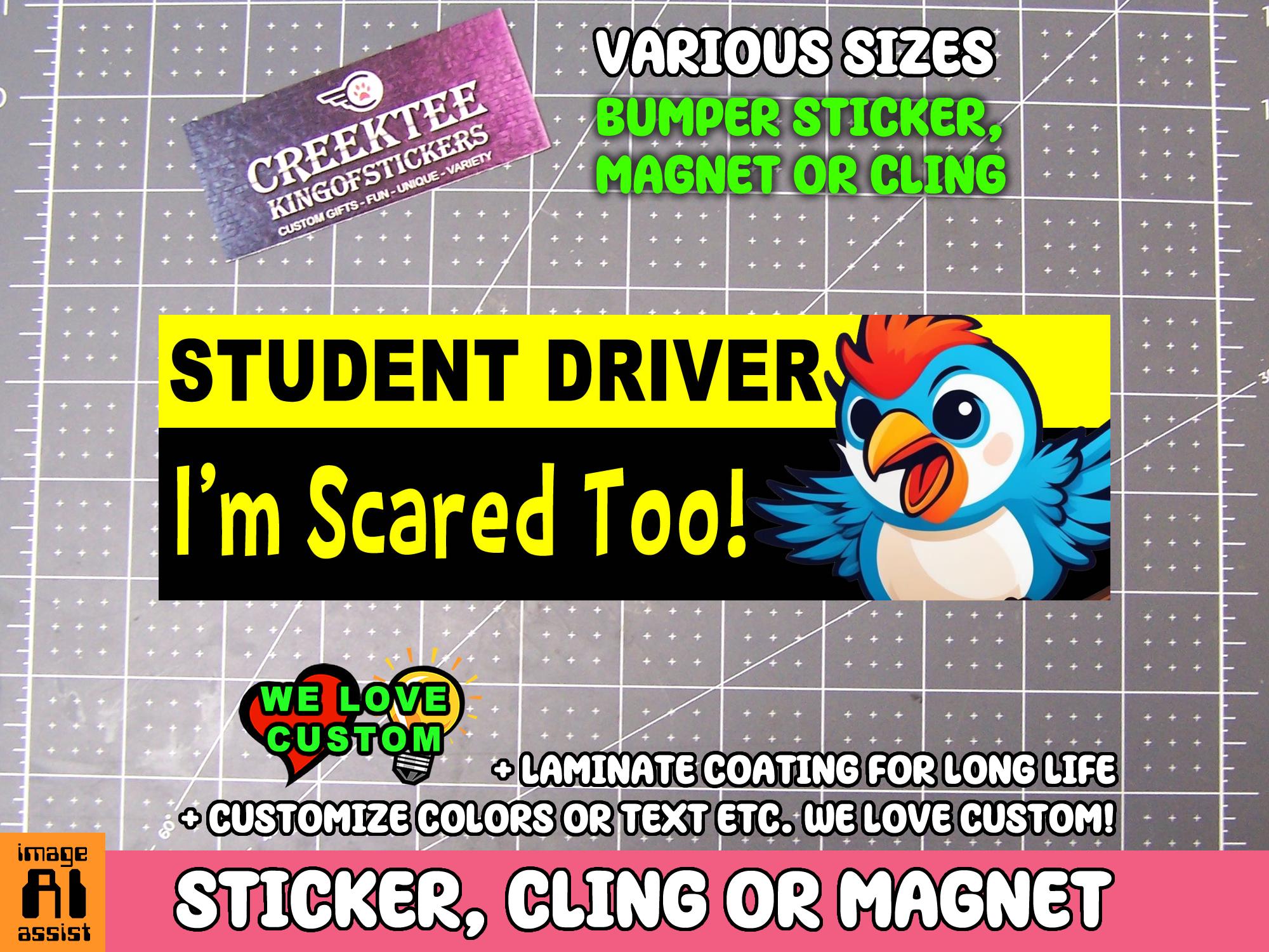 Student Driver I'm Scared Too! Bumper Sticker, Magnet or Window Cling in Various Sizes Choose 10