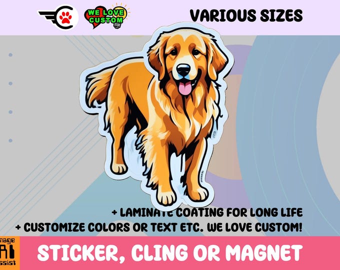 Golden Retriever Vinyl Sticker, Magnet or Window Cling in Various Sizes