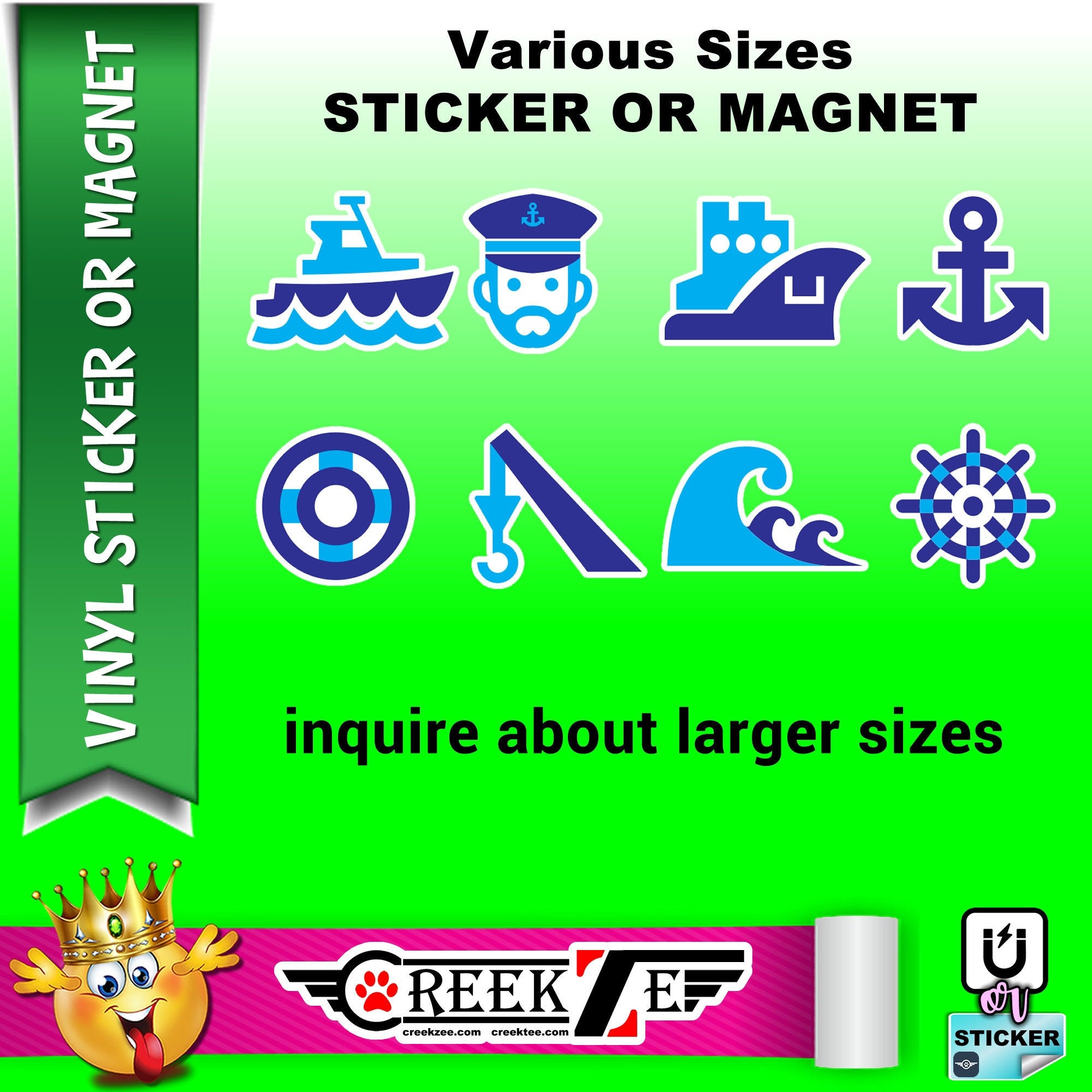8 Boat Nautical stickers in standard, photo or vinyl print materials with laminate or magnet options available.  Premium.