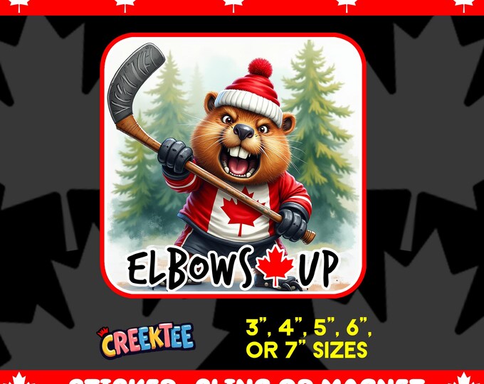 Elbows Up! Canadian Angry Beaver On Angry Moose Bumper Sticker, Magnet, Vinyl Sticker or Window Cling, UV Laminate, laptop, water bottle