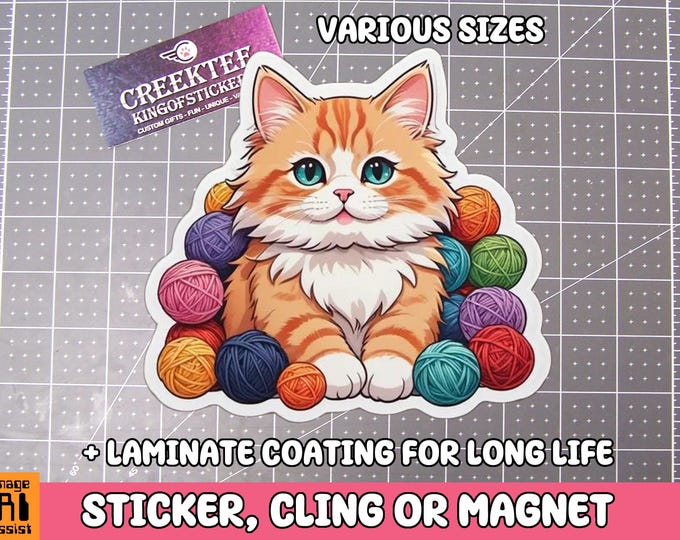 Cute playful cat, Vinyl Sticker, Magnet or Window Cling in Various Sizes