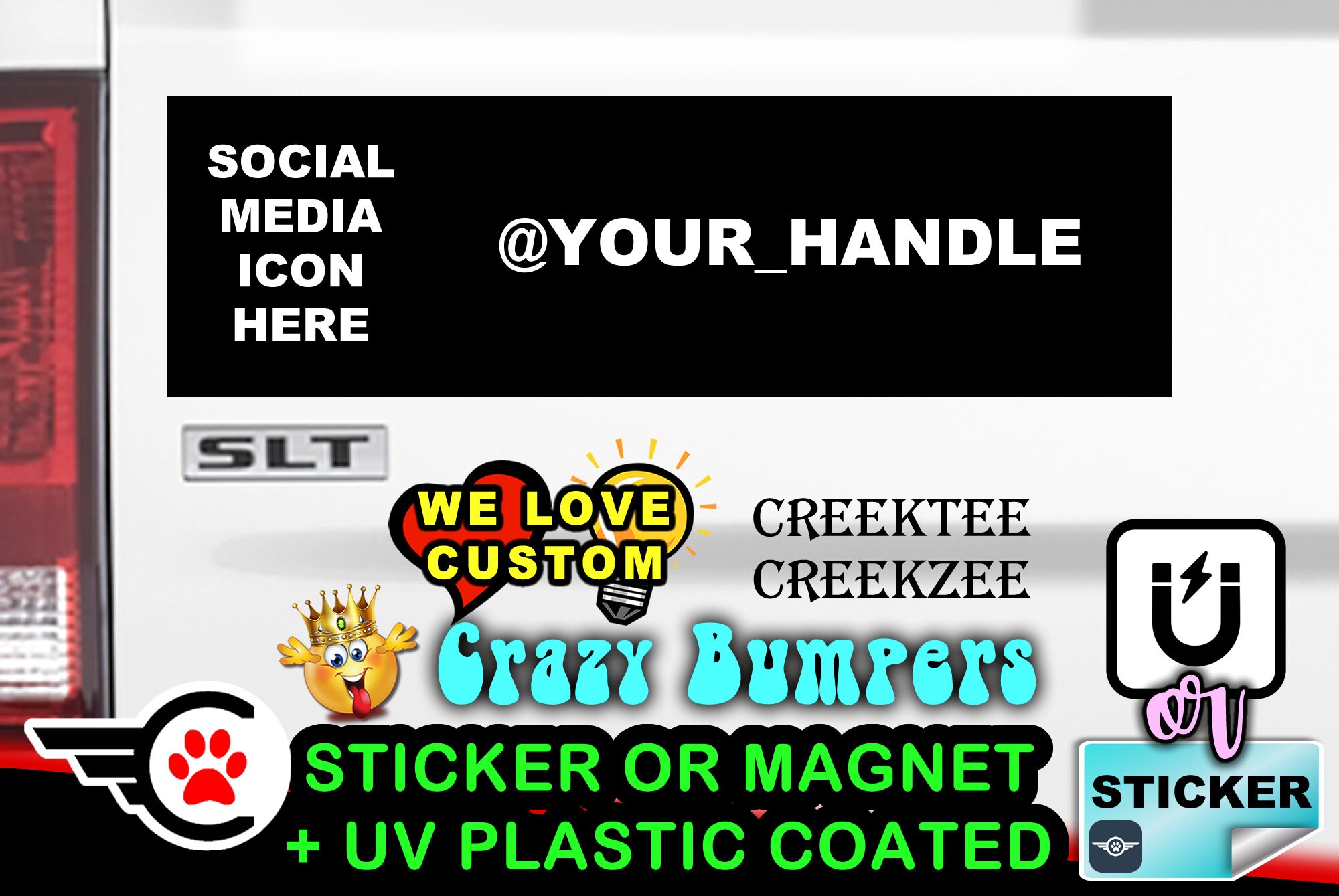 Social Media Icon and Your Handle Funny Bumper Sticker or Magnet in various sizes Hiqh Quality UV Laminate Coating
