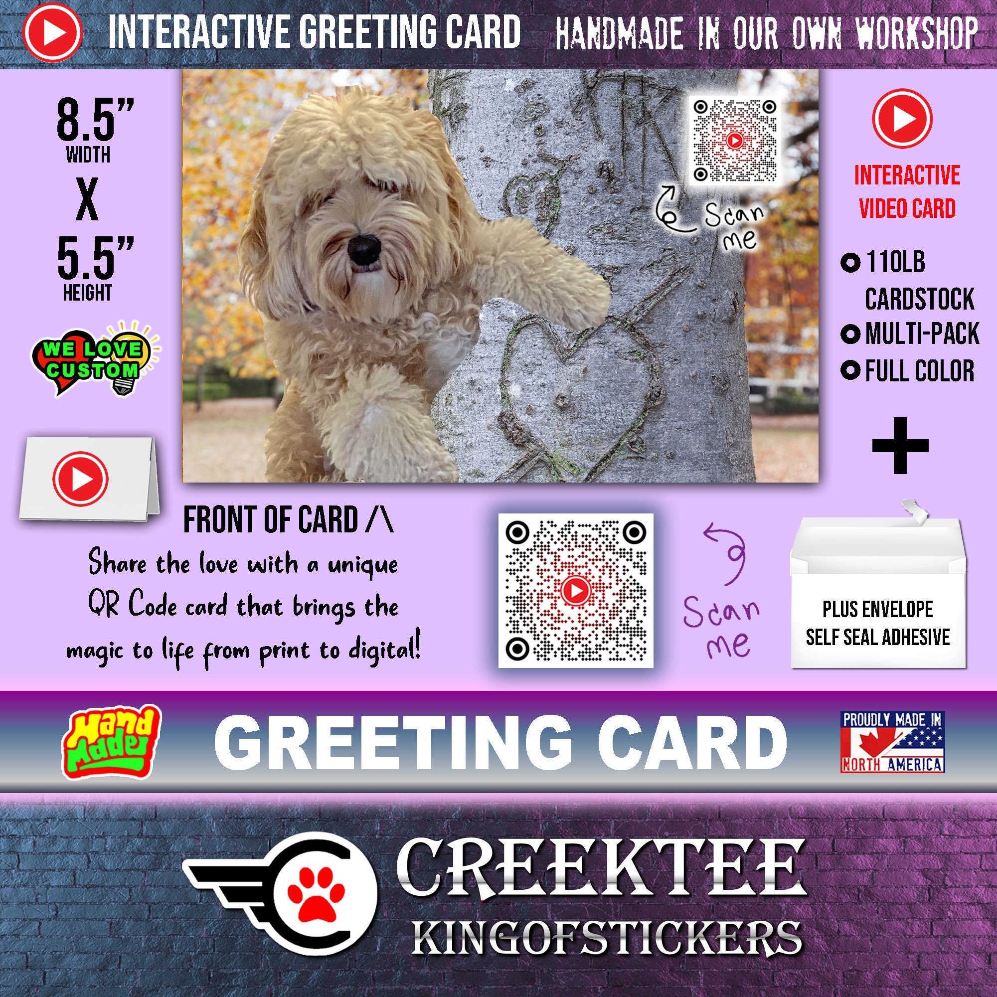 QR Code Video Love Greeting Cards Come To Life. 5.5 inch high x 8.5 inch wide 110lb cardstock hand made full color print. Customizable