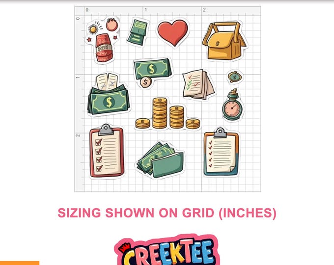 Planner Stickers Money Theme Set, Paper, Vinyl, and Laminated Options Available. 13 stickers in the set, 6 Sets (78 stickers) on each sheet