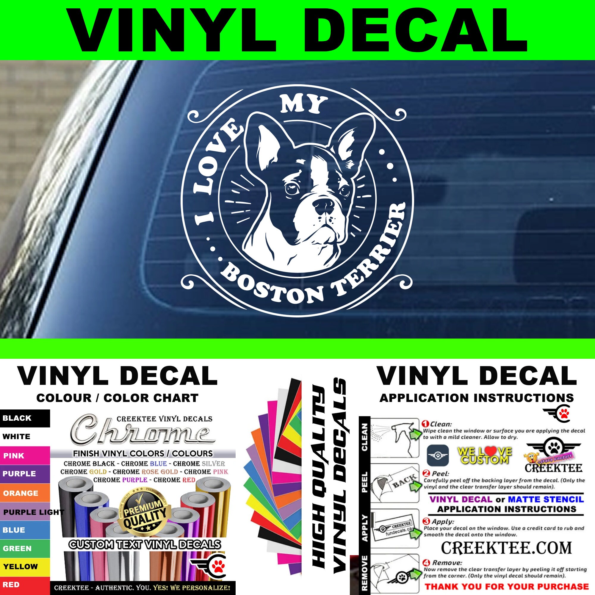 I Love My Boston Terrier Dog Vinyl Decal Various Sizes and Colors Die Cut Vinyl Decal also in Cool Chrome Colors!