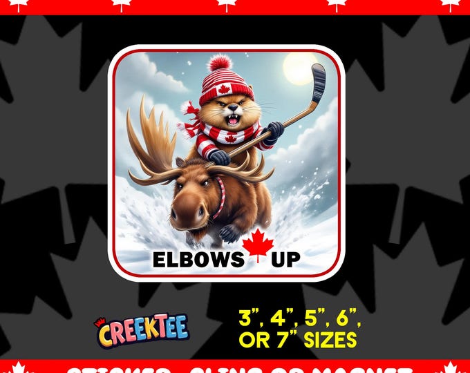 Elbows Up! Canadian Angry Beaver On Angry Moose Bumper Sticker, Magnet, Vinyl Sticker or Window Cling, UV Laminate, laptop, water bottle