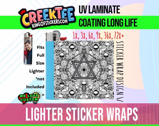 Illuminati Design 3x Lighter Sticker Wraps, OR your photo, text, or images,  bundles available, with laminate coating. 3x, 6x, 9x, 18x, 36+
