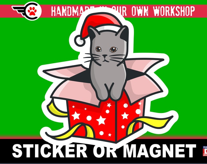 Cute Christmas Cat Die-Cut sticker or magnet in various sizes , 3" to 7" coated with UV Laminate Premium Sticker or Magnet