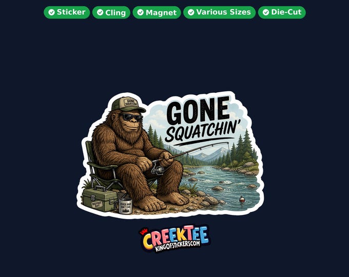 Bigfoot, Sasquatch Fishing Vinyl Sticker, Window Cling or Magnet in UV Laminate Coating