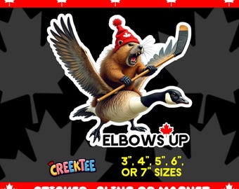 Elbows Up Angry Beaver Flying Goose Bumper Sticker, Magnet, Vinyl Sticker, Window Cling, UV Laminate, laptop, water bottle