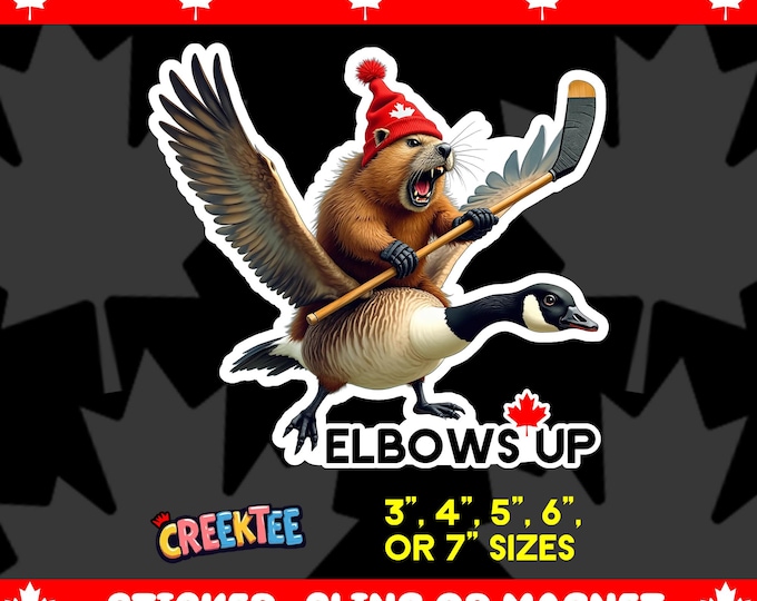 Elbows Up Angry Beaver Flying Goose Bumper Sticker, Magnet, Vinyl Sticker, Window Cling, UV Laminate, laptop, water bottle