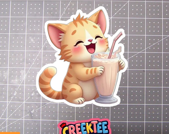 Cat drinking a milkshake Kawaii style Vinyl Sticker, Window Cling or Magnet in UV Laminate Coating