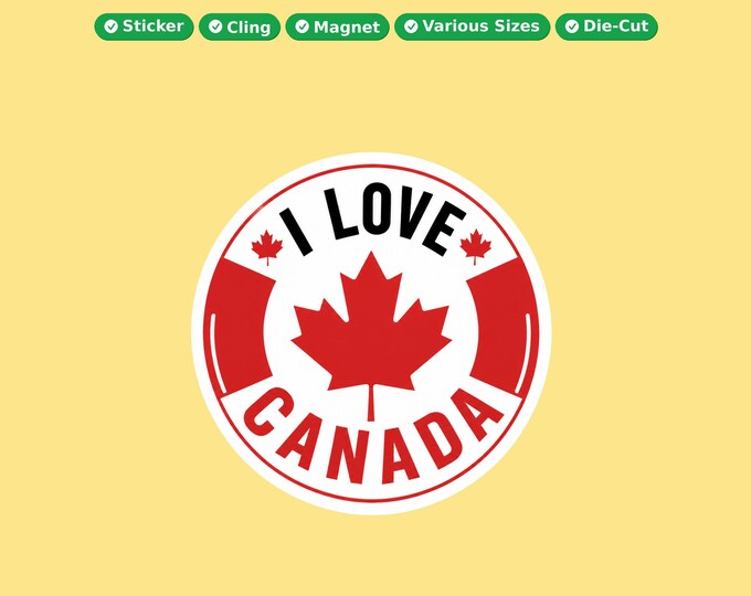 I Love Canada Round Bumper Sticker, Magnet, Vinyl Sticker or Window Cling, UV Laminate Coating, laptop, water bottle