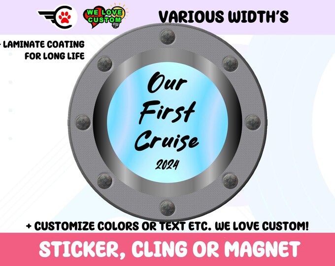 Custom Text Round Ship Window Vinyl Bumper Sticker, Window Cling in UV Laminate Coating. Your Text, Your Photo, Cruise Ship Door Magnet
