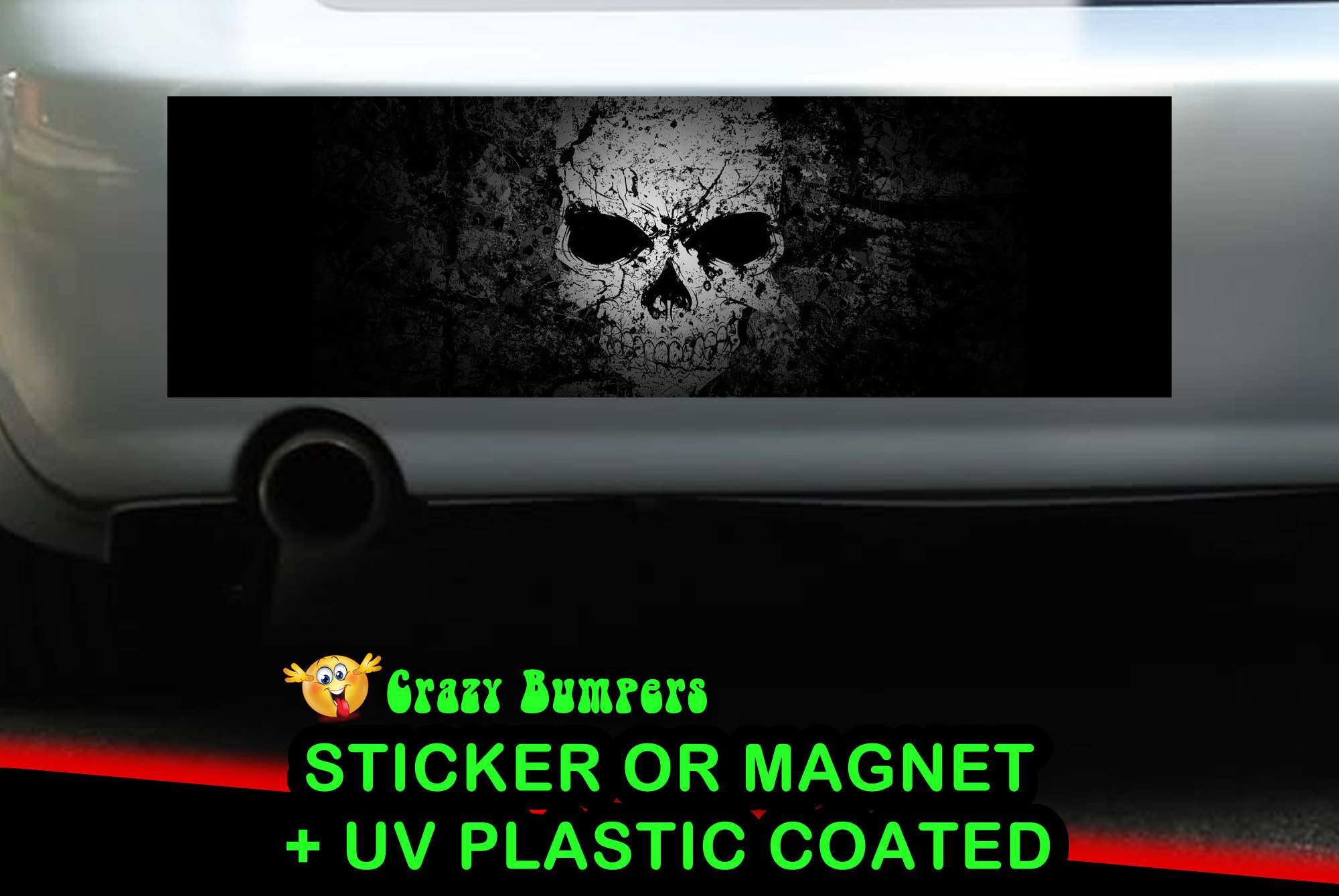 Dark Skull Bumper Sticker 10 x 3 UV Plastic Coated or Magnetic Bumper Sticker Available