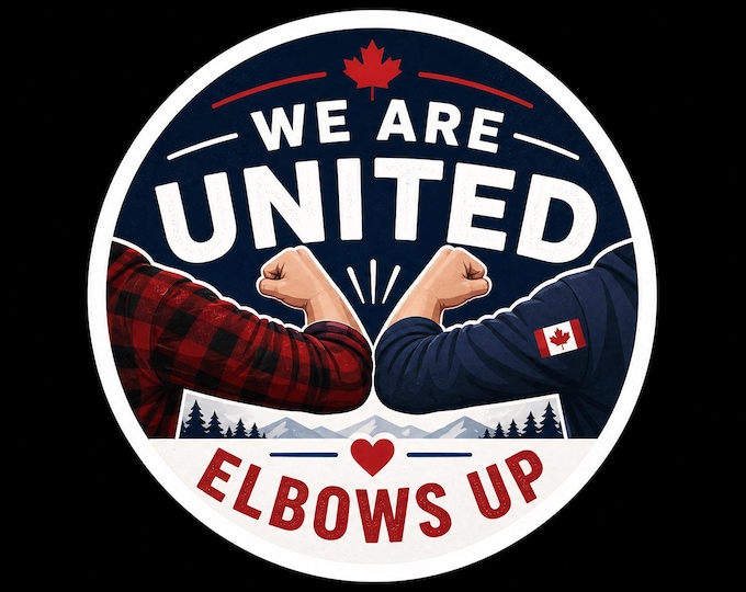 We Are United Elbows Up Round Bumper Sticker, Magnet, Vinyl Sticker or Window Cling, UV Laminate Coating, laptop, water bottle