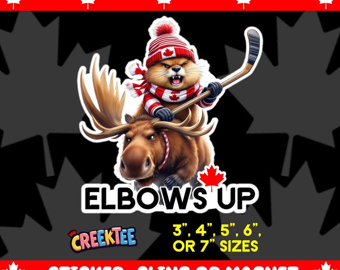 Elbows Up! Canadian Angry Beaver On Angry Moose Bumper Sticker, Magnet, Vinyl Sticker or Window Cling, UV Laminate, laptop, water bottle