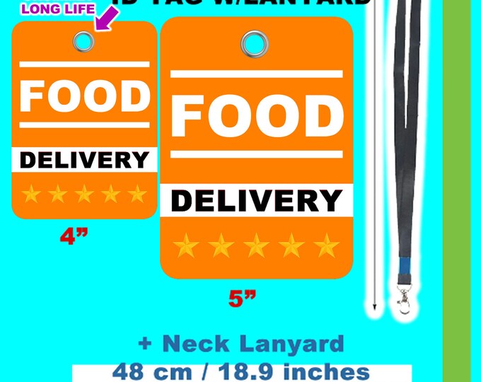 Food Delivery customizable GROMMET tag plus 18" neck lanyard in lightweight waterproof mylar for easy wear and long life in regular or large