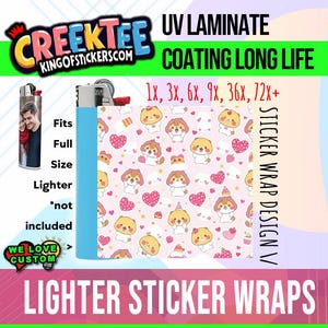 Kawaii Design 3x Lighter Sticker Wraps, OR your photo, text, or images,  bundles available, with laminate coating. 3x, 6x, 9x, 18x, 36+