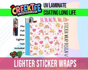 Kawaii Design 3x Lighter Sticker Wraps, OR your photo, text, or images,  bundles available, with laminate coating. 3x, 6x, 9x, 18x, 36+