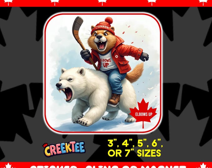 Elbows Up! Canadian Angry Beaver On Angry Polar Bear Bumper Sticker, Magnet, Vinyl Sticker or Window Cling, UV Laminate, laptop, bottle
