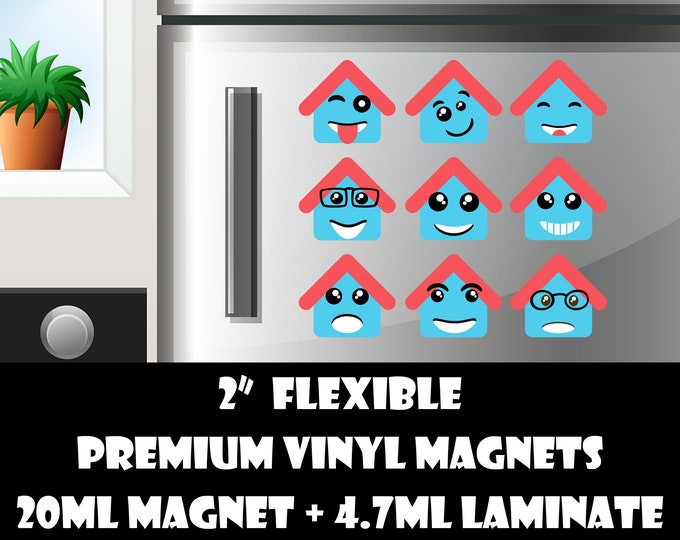 9 2inch home emoji fridge magnets or stickers standard, photo or vinyl print materials with laminate or magnet options available.