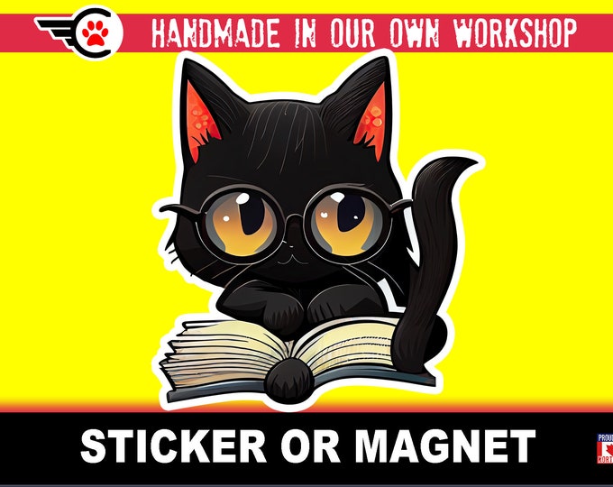 Cute black cat reading, Die-Cut sticker or magnet in various sizes , 3" to 7" coated with UV Laminate Premium Sticker or Magnet