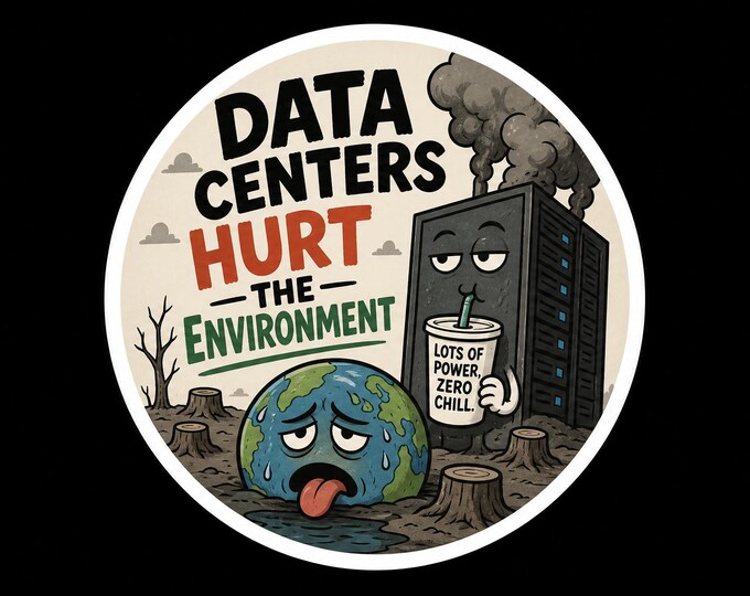 Data centers hurt the environment Round Bumper Sticker, Magnet, Vinyl Sticker or Window Cling, UV Laminate Coating, laptop, water bottle