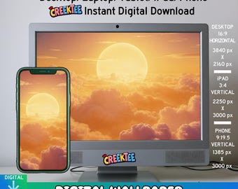Desktop Wallpaper, Yellow Orange Sun with Clouds, Phone Wallpaper, iPhone/iPad/Tablet Background, Digital JPG Download | DW-1001