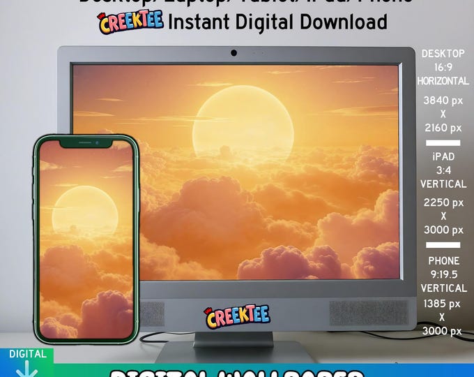 Desktop Wallpaper, Yellow Orange Sun with Clouds, Phone Wallpaper, iPhone/iPad/Tablet Background, Digital JPG Download | DW-1001