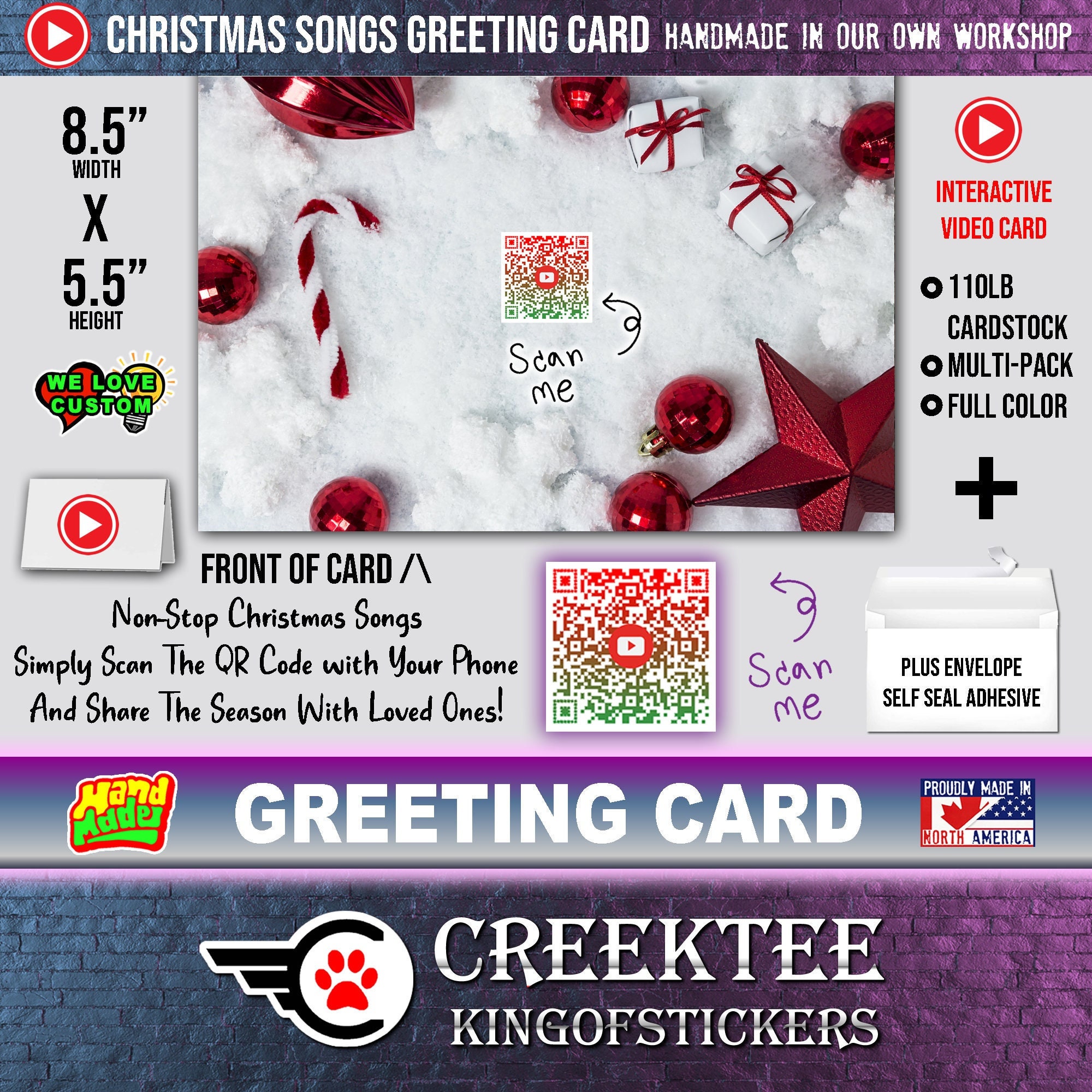 QR Code Audio Christmas Greeting Cards Come To Life. 5.5 inch high x 8.5 inch wide 110lb cardstock hand made full color print. Customizable