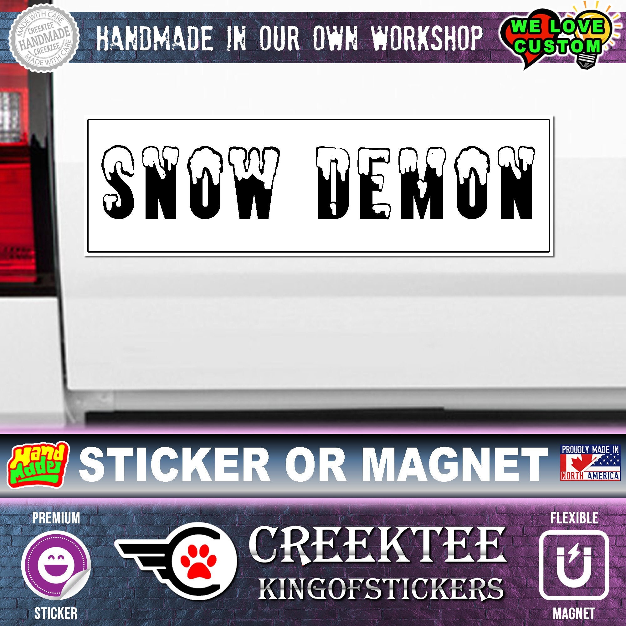 Snow Demon bumper sticker or magnet. Various sizes from 4 inch to 10 inch wide.  Fully customizable. UV Protection. Strong Hold.