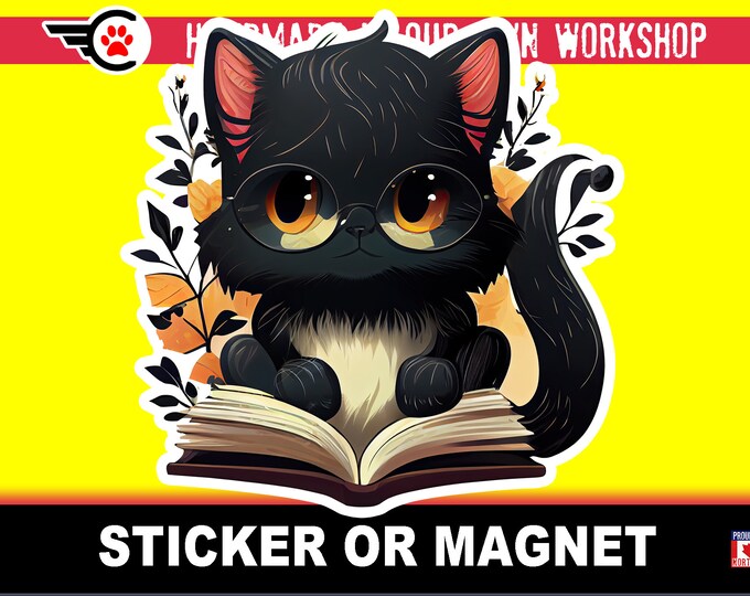 Cute black cat reading, Die-Cut sticker or magnet in various sizes , 3" to 7" coated with UV Laminate Premium Sticker or Magnet