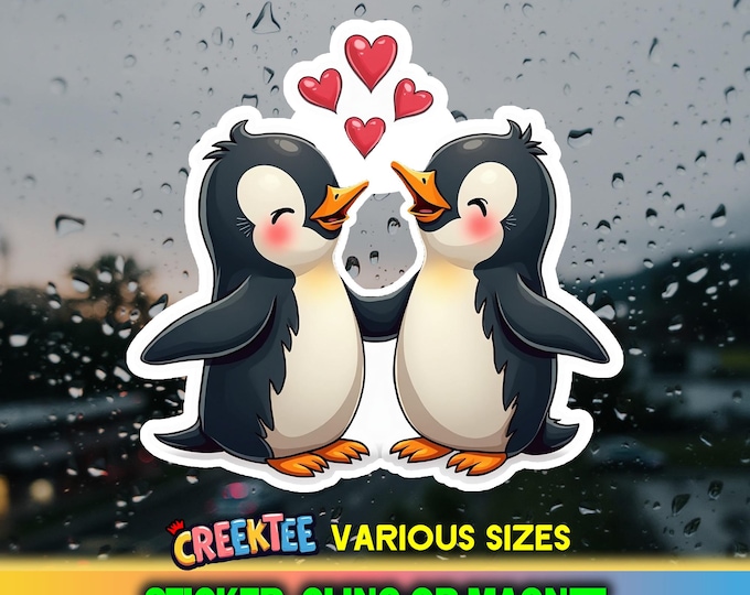 Penguins in Love Die-Cut Vinyl Sticker, Magnet or Window Cling in Various Sizes, UV Laminate Coating