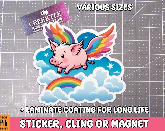 Flying Pig Vinyl Sticker, Window Cling or Magnet in UV Laminate Coating