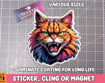 Angry Cat Colorful Vinyl Sticker, Magnet or Window Cling in Various Sizes