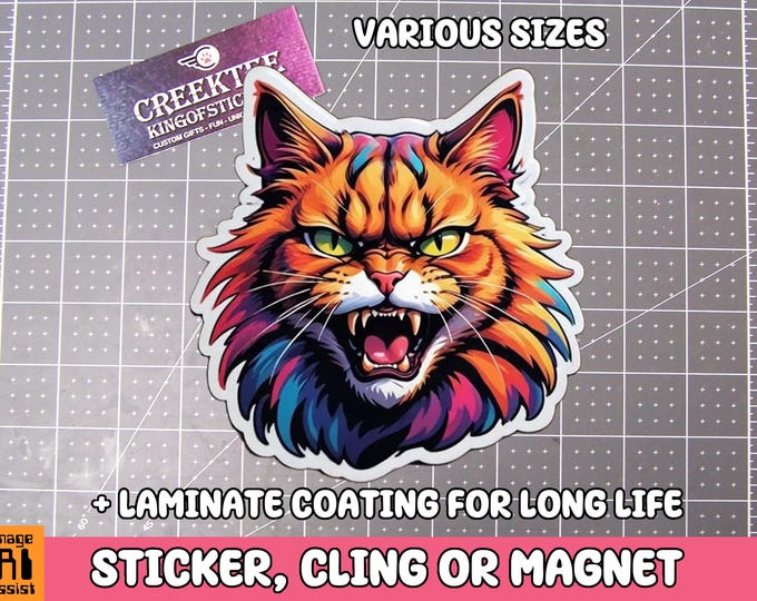 Angry Cat Colorful Vinyl Sticker, Magnet or Window Cling in Various Sizes
