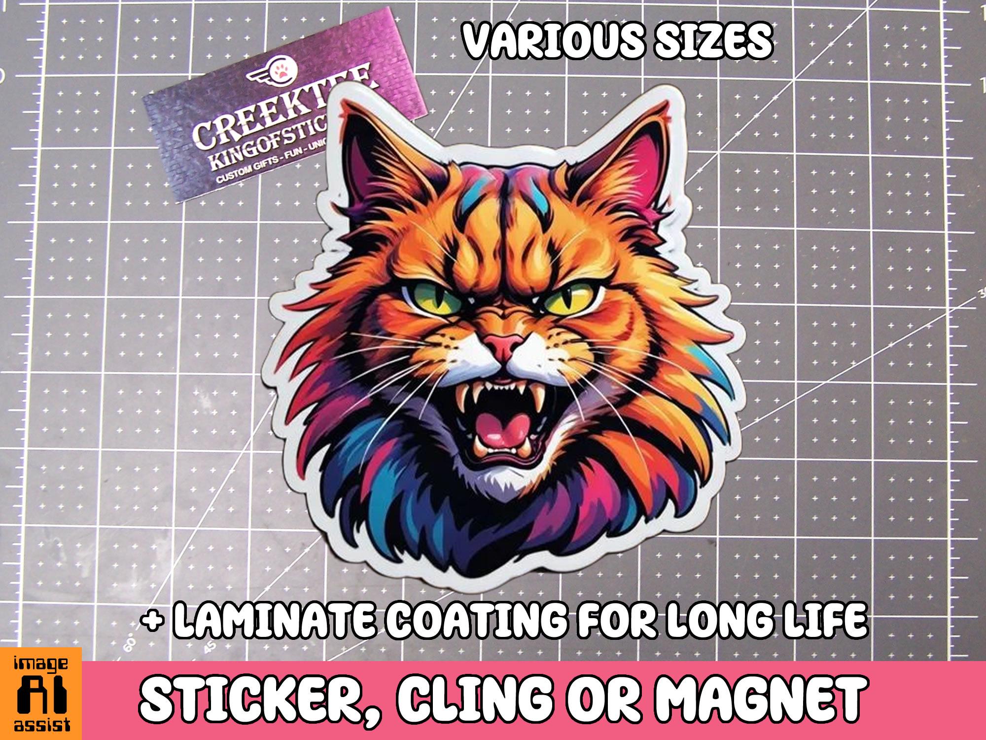Angry Cat Colorful Vinyl Sticker, Magnet or Window Cling in Various Sizes