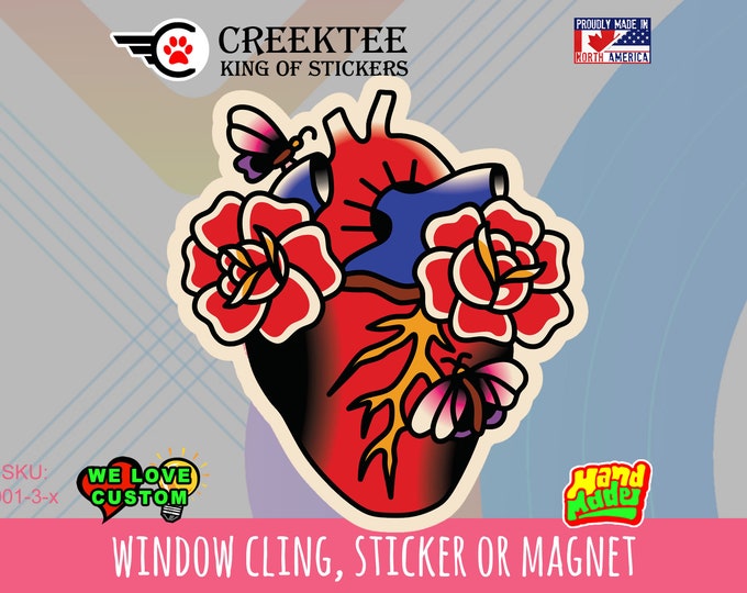 Roses heart Vinyl sticker , window cling or magnet in various sizes from 3" to 7" with uv laminate protection