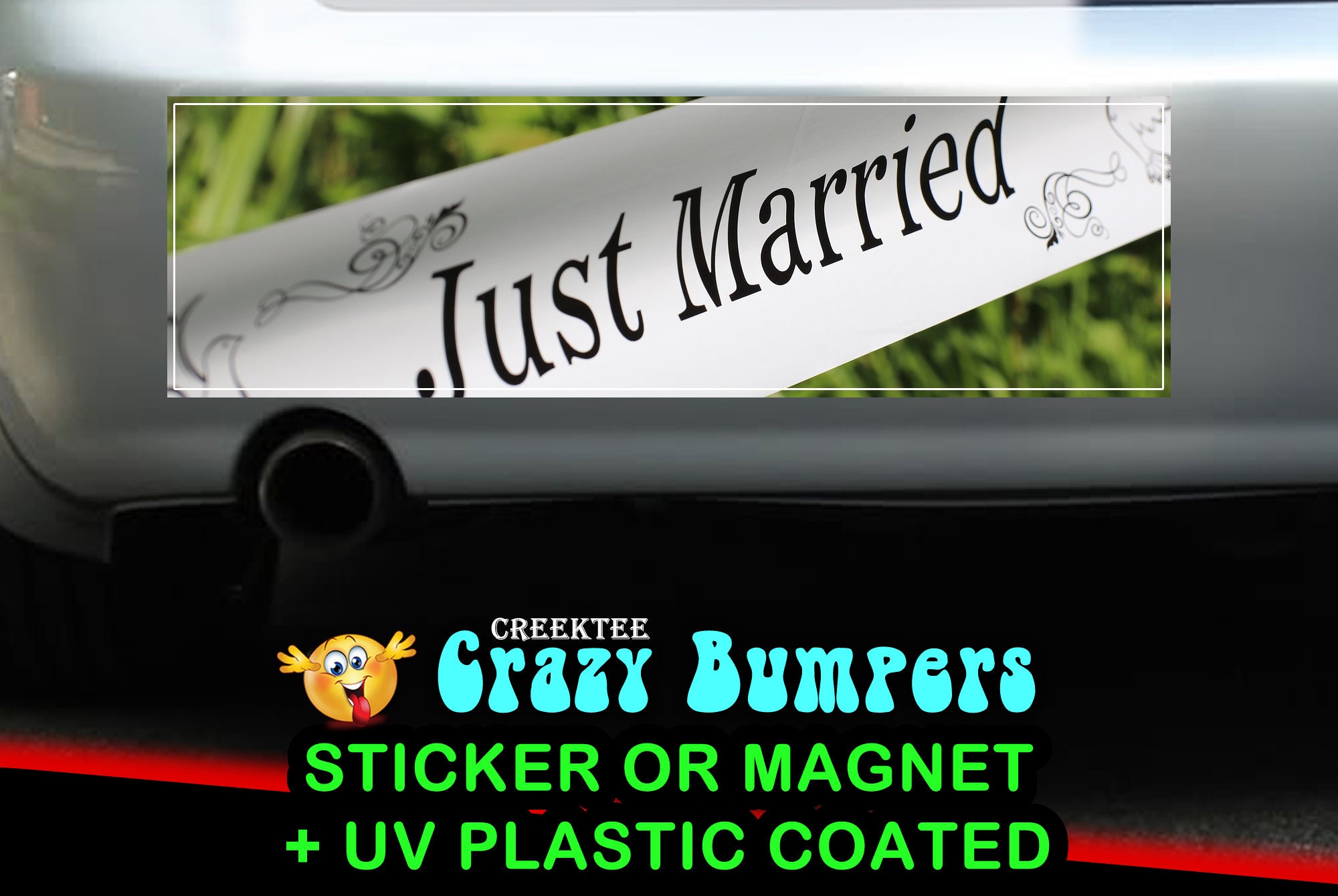 Just Married 10 x 3 Bumper Sticker or Magnetic Bumper Sticker Available Just Married 10 x 3 Bumper Sticker or Magnetic Bumper Sticker Available