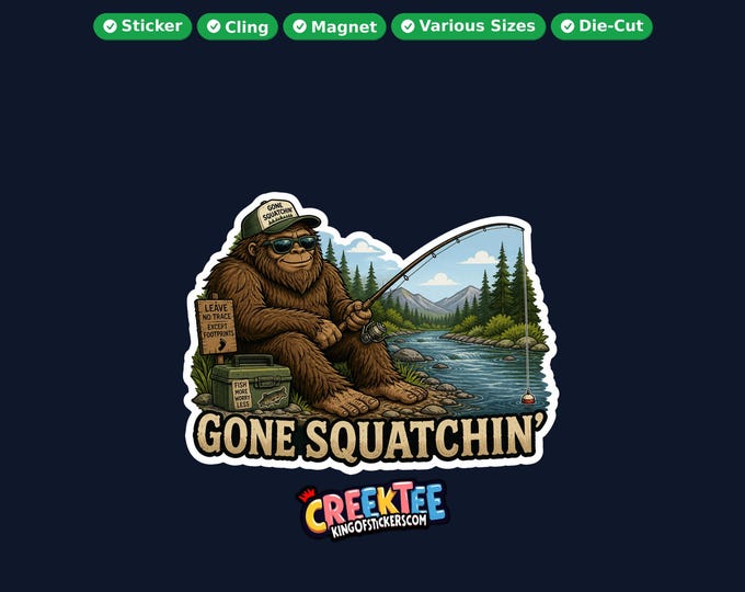 Bigfoot, Sasquatch Fishing Vinyl Sticker, Window Cling or Magnet in UV Laminate Coating