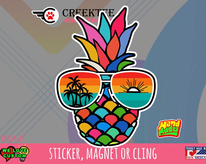 Rainbow Pineapple Die-Cut Vinyl Sticker or Magnet or Window Cling in various sizes , 3" and up sizing coated with UV Laminate Premium