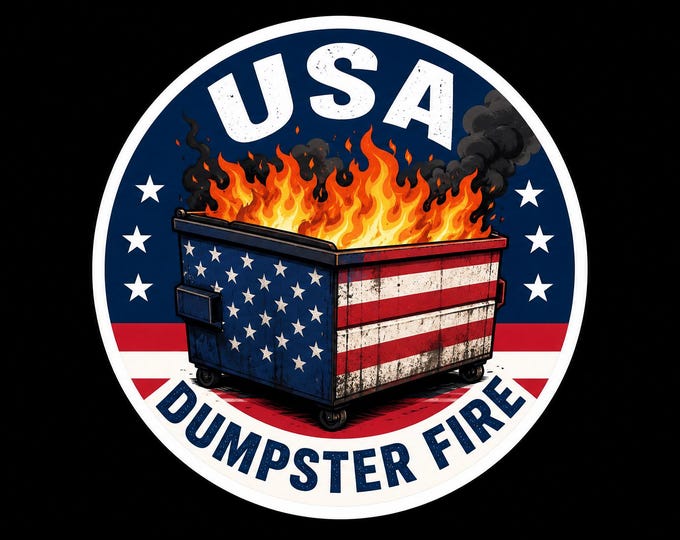 USA Dumpster Fire Round Bumper Sticker, Magnet, Vinyl Sticker or Window Cling, UV Laminate Coating, laptop, water bottle