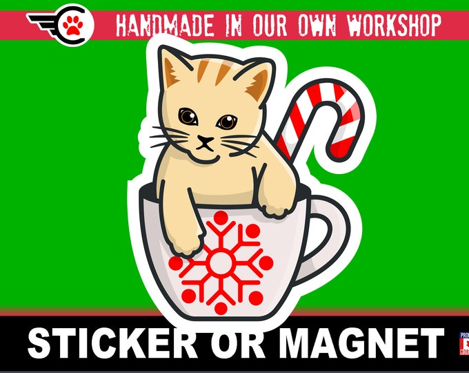 Cute Christmas Cat Die-Cut sticker or magnet in various sizes , 3" to 7" coated with UV Laminate Premium Sticker or Magnet