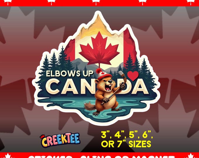 Elbows Up Canada Angry Beaver Bumper Sticker, Magnet, Vinyl Sticker, Window Cling, UV Laminate, laptop, water bottle